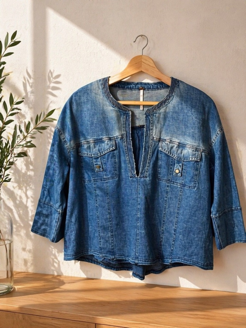 Free People Split Neck Blue Denim Top Size Large